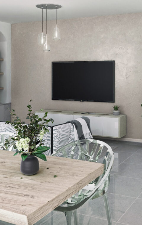 Home staging 3D pour une pièce multifonctions avec décoration scandinave et foyer en marbre