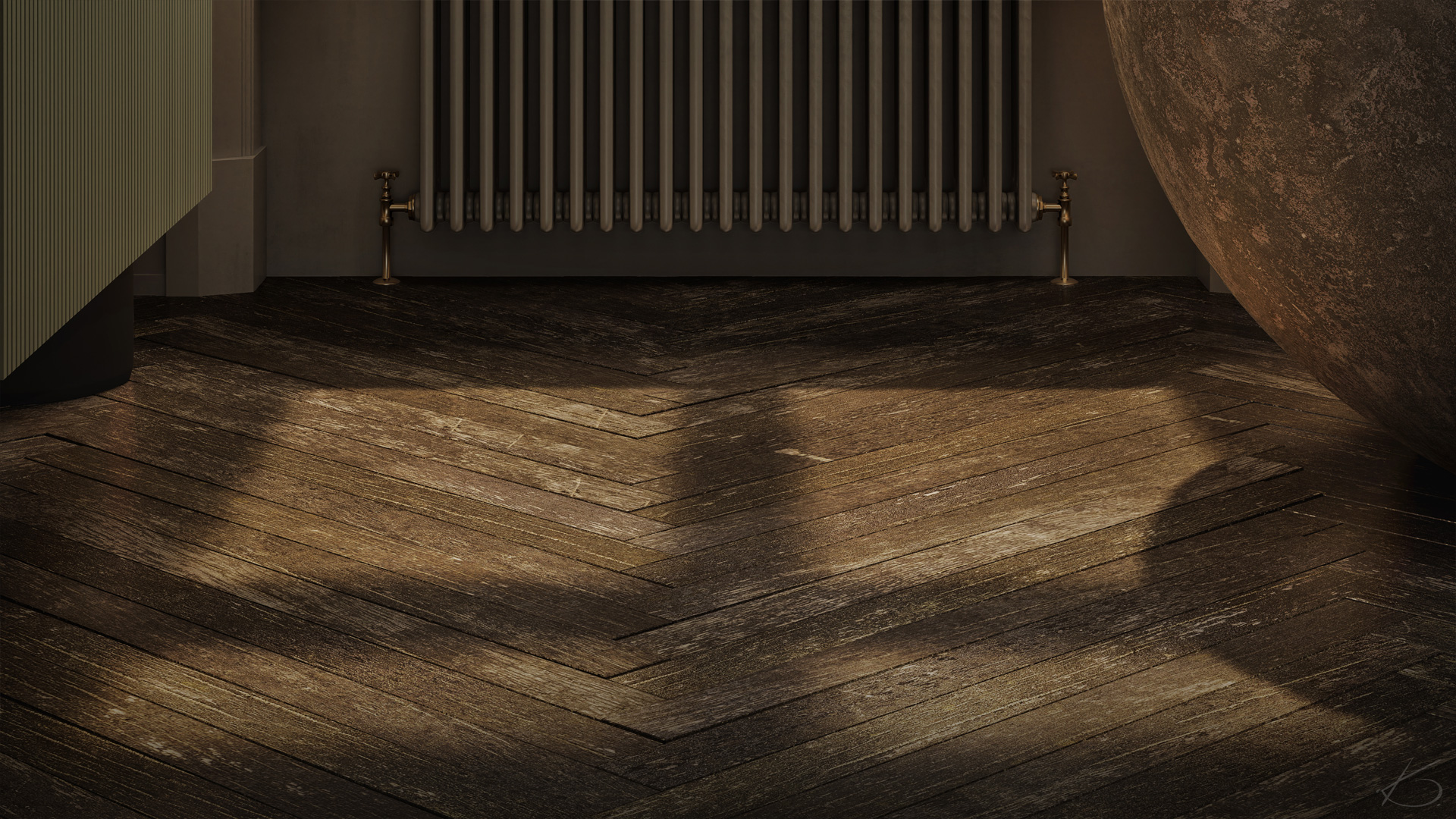 Rénovation en home stagin virtuel d'une salle de bain 3d avec zoom sur le plancher chevrons de bois massif
