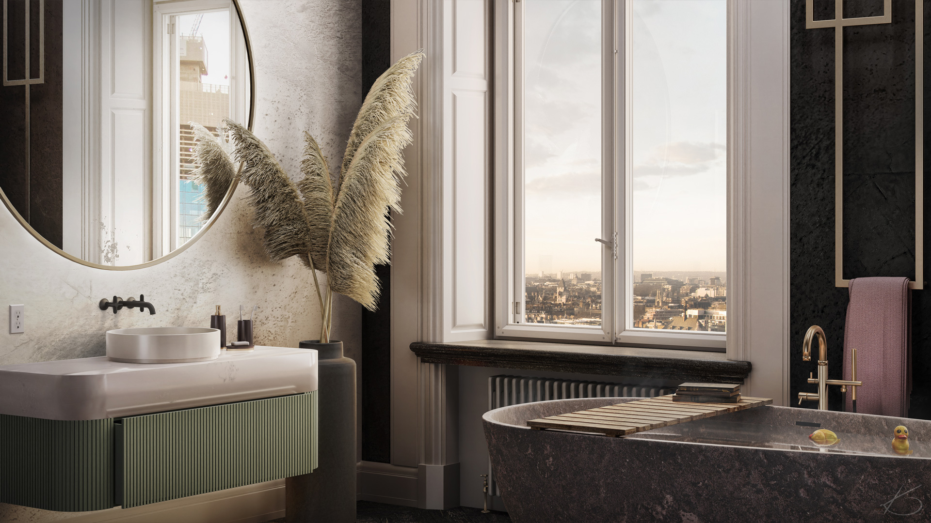 Rénovation en home stagin virtuel d'une salle de bain 3d avec zoom sur le coin vanité