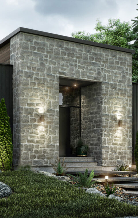 Design extérieur 3D d'une maison contemporaine en pierres naturelles