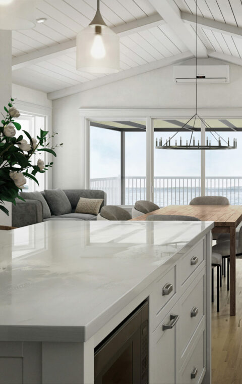 Design intérieur 3D d'une cuisine moderne en bordure de fleuve