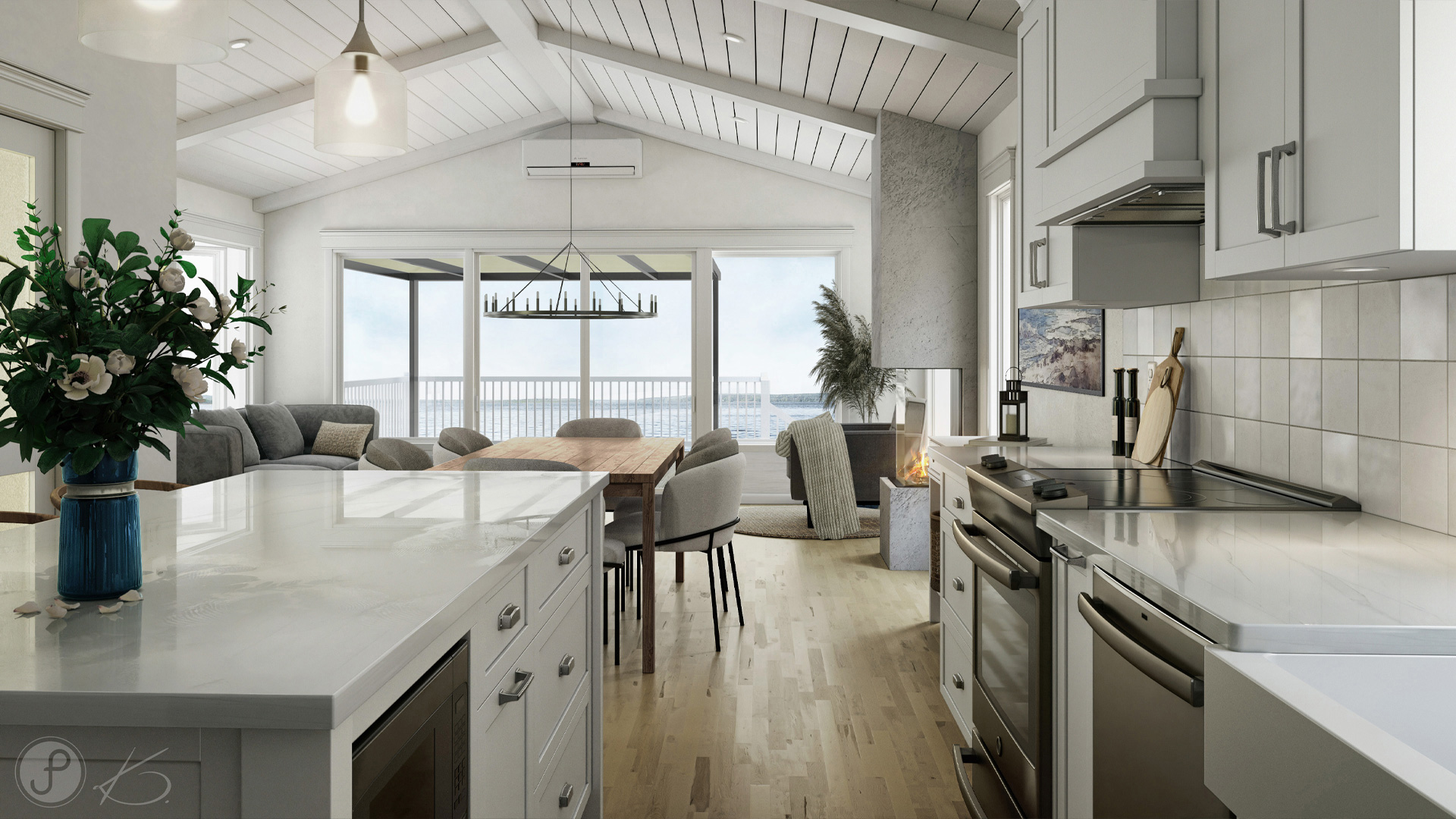 design-interieur-photorealisme-3d-architecturale-cuisine-moderne-vue-sur-lac-et-salon-avec-plancher-bois-blond-massif-et-foyer-beton